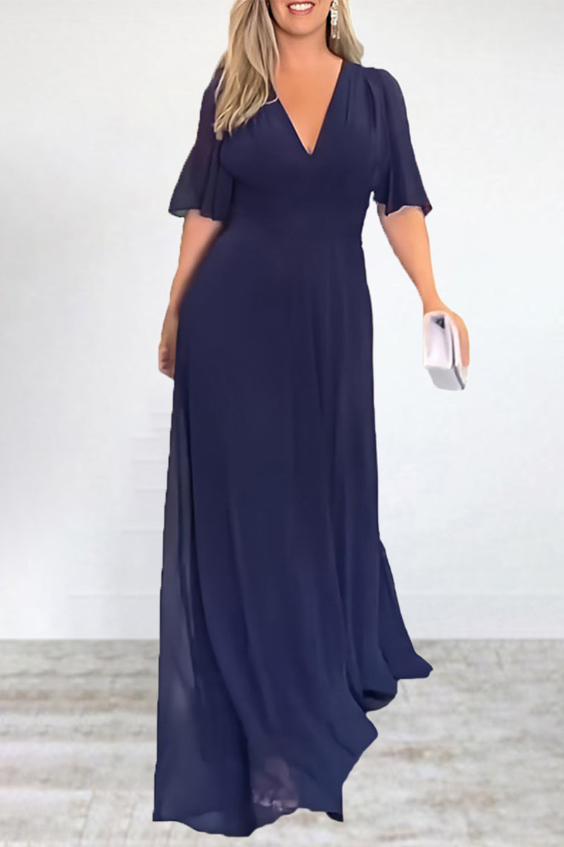 Elegant Solid Slit V Neck A Line Dresses