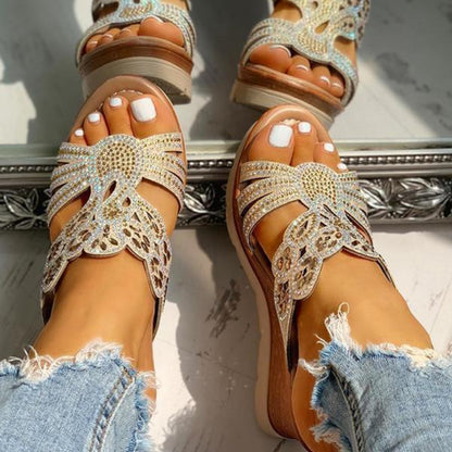 Women's Rhinestone Cut-out Wedge Sandals