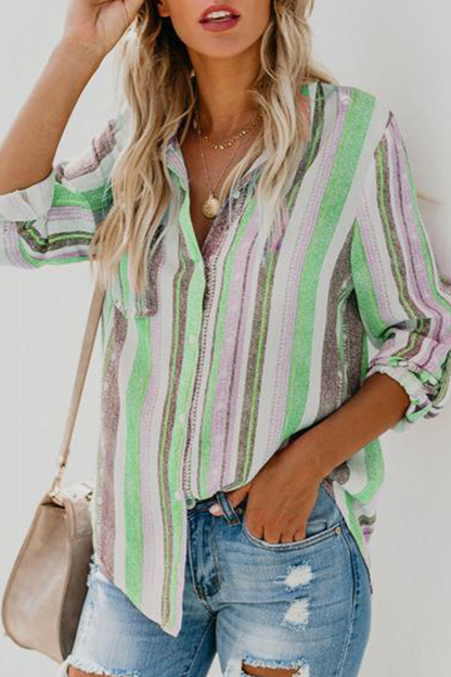 Casual Striped Patchwork Turndown Collar Tops(8 colors)