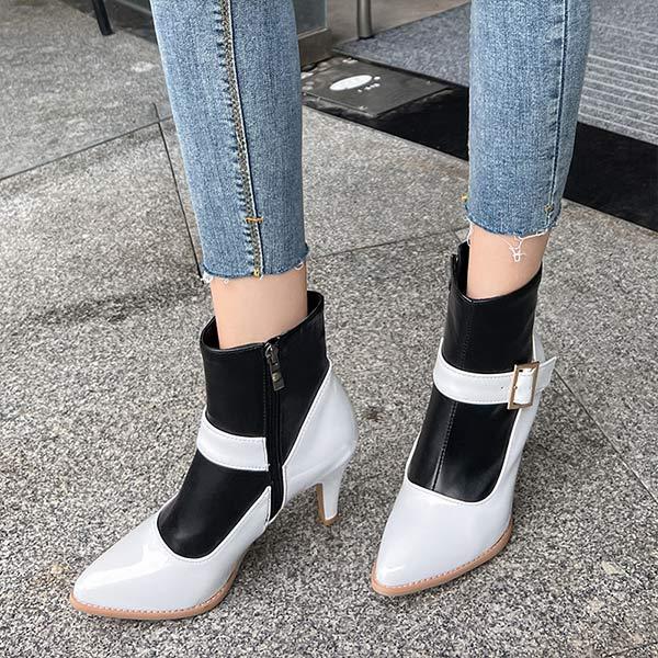 Women's Fashion High Heel Pointed Toe Color Block Zipper Ankle Boots 69062910C