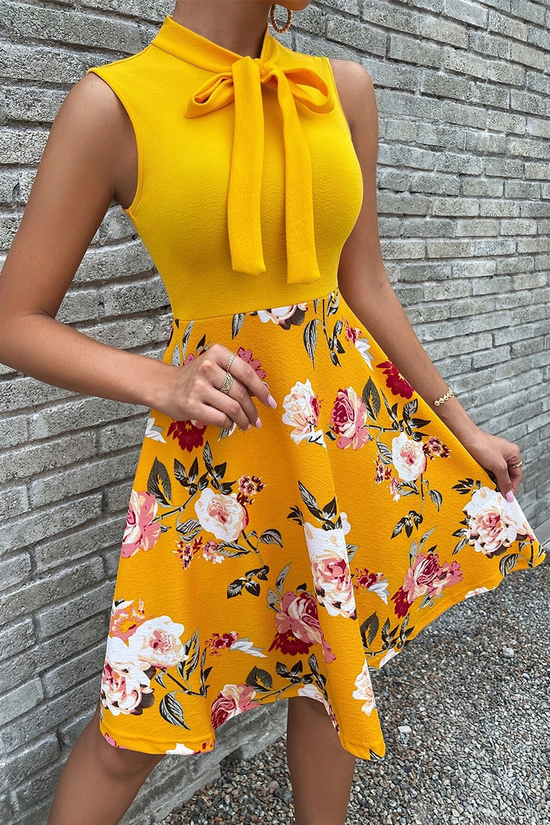 Sweet Elegant Print Patchwork With Bow O Neck A Line Dresses(5 Colors)