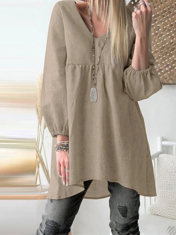 Women's Solid Color V Neck Long Sleeveds Asymmetric Hem Casual Shirt Linen Top