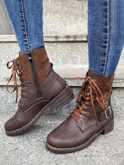 Retro Stitching Lace-up Zipper Boots