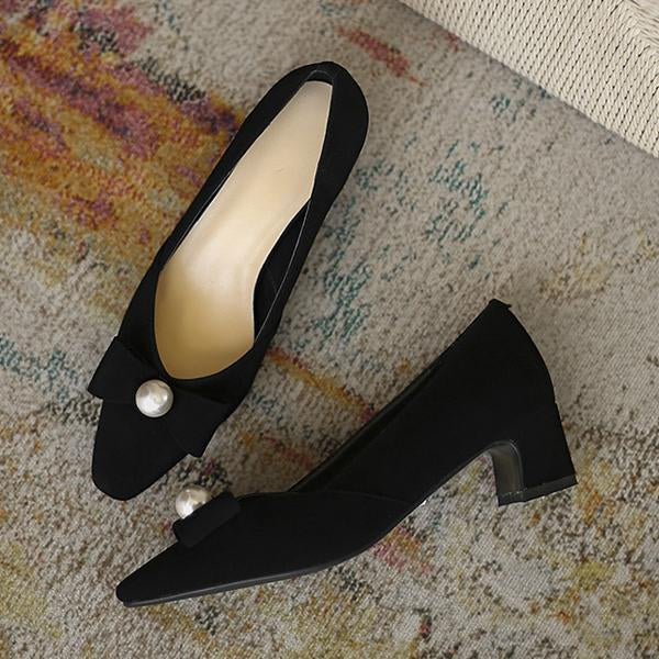 Women's Pearl Black Bow Block Heel Mary Jane Shoes 91094691S