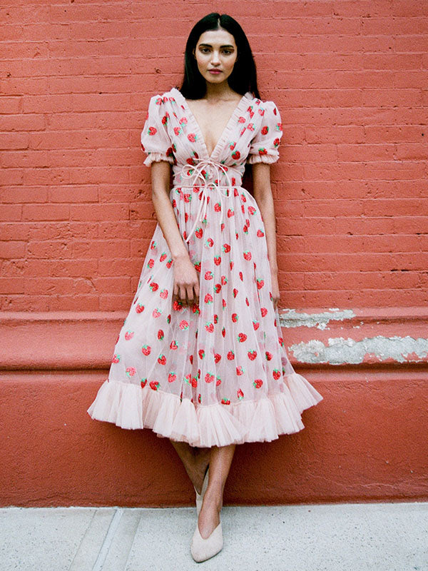 Strawberry Ruffled Midi Dress