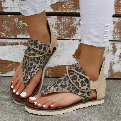 Leopard Print Flip Flops for Women - Open Toe Casual Sandals with Back Zipper