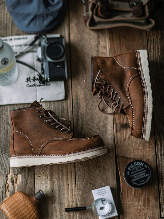 Vintage Full-Grain Leather Moc Toe Work Boots for Men