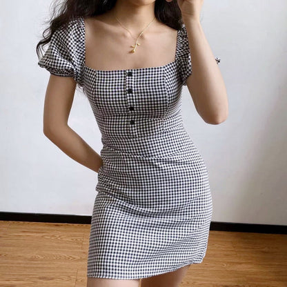 Roman Retro Gingham Puff Dress ~ HANDMADE