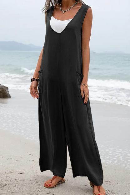 Casual Solid Patchwork U Neck Straight Jumpsuits