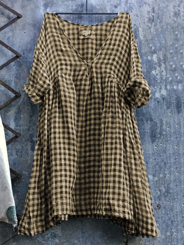 Casual V Neck 3/4 Sleeve Plus Size Lattice Bat Sleeve Dress