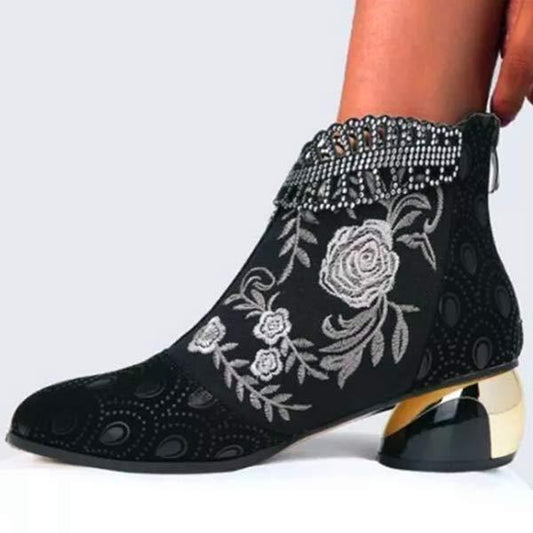 Women's Embroidered Rhinestone Chunky Heel Martin Boots 58815161C