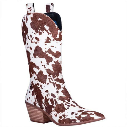 Women's Chunky Heel Pointed Toe Cow Print Cowboy Boots 78851198C