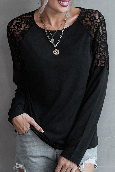 Casual Patchwork Lace Hollowed Out O Neck Tops