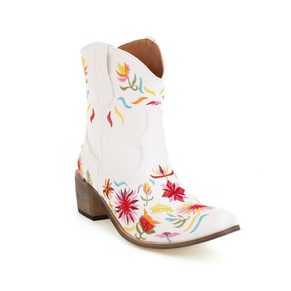 Embroidered Flowers Low-Heel Boots