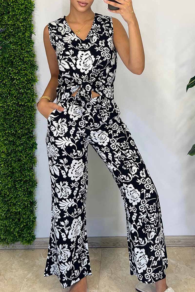 Street Print Floral Patchwork V Neck Sleeveless Two Pieces