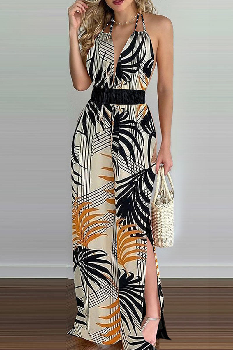 Fashion Simplicity Print Backless V Neck Loose Jumpsuits