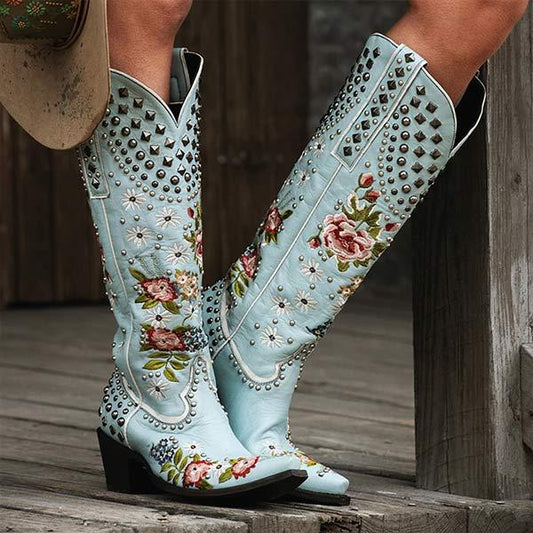 Women's Embroidered Studded High-Calf Mid-Heel Cowboy Boots 61919210C