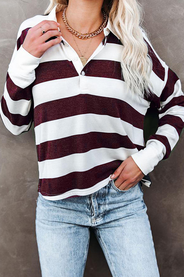 Casual Striped Split Joint Buckle Turndown Collar Tops