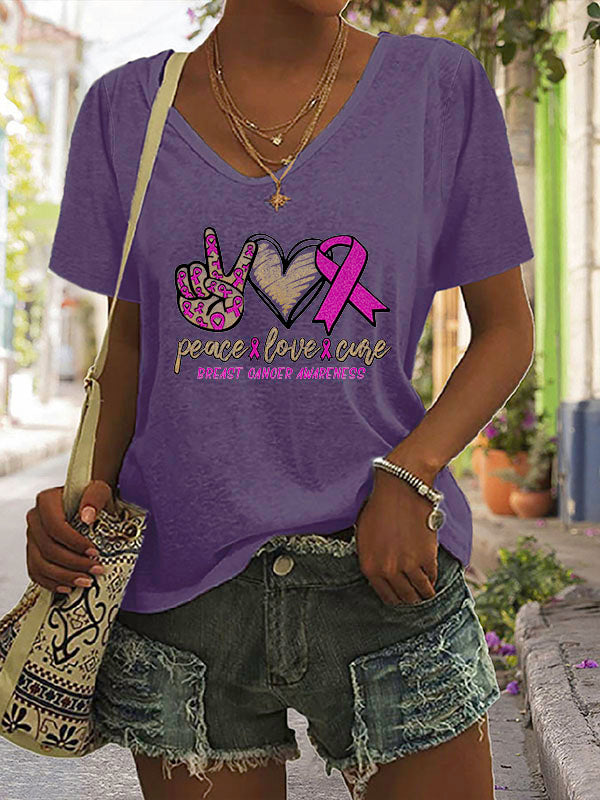 Peace Love Cure Pink Ribbon V-neck Short Sleeve T-shirt