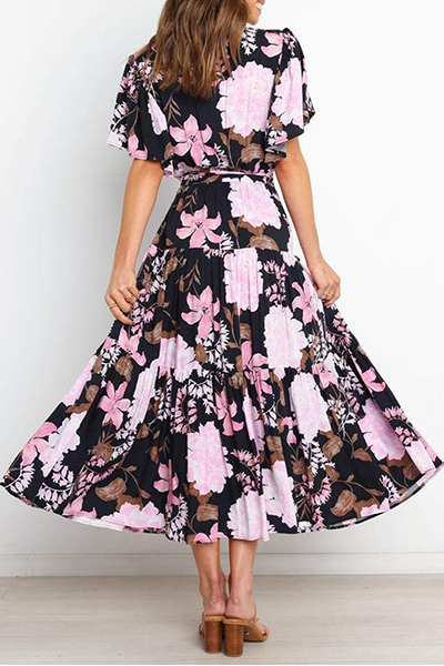 Fashion Elegant Floral Flounce Strap Design V Neck Waist Skirt Dresses(4 Colors)