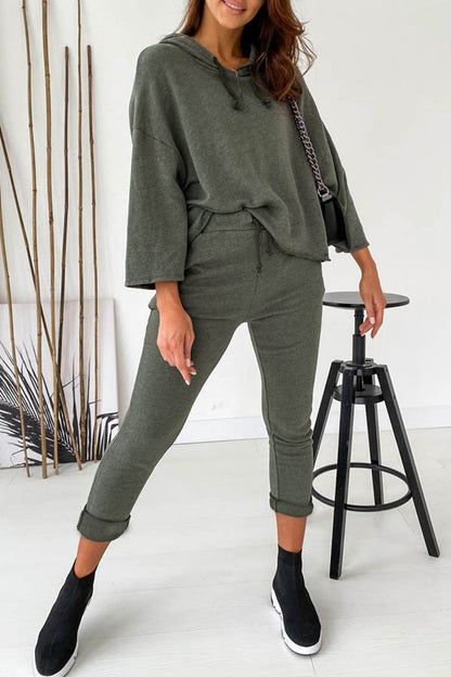 Solid Color Hooded Collar Three Quarter Two Pieces