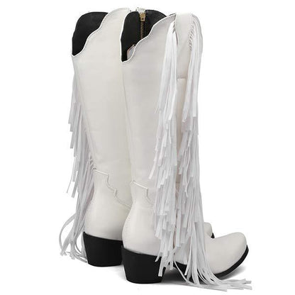 Women's Mid Heel High Boots But Not Knee Chunky Heel Fringed Boots 25406999C