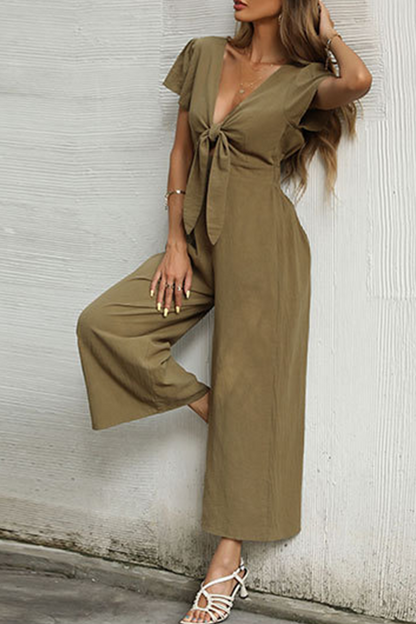 Casual Solid Patchwork V Neck Straight Jumpsuits