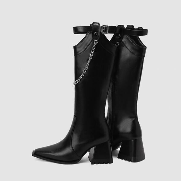 Women's Fashion Metal Chain Chunky Heel High Boots 33859209S