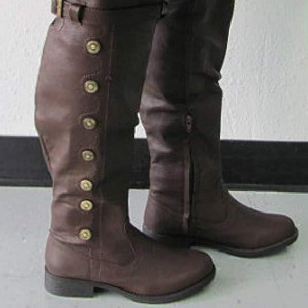 Women's Low Heel Over-the-Knee Boots with Metal Belt Buckle and Side Zipper 99186421C