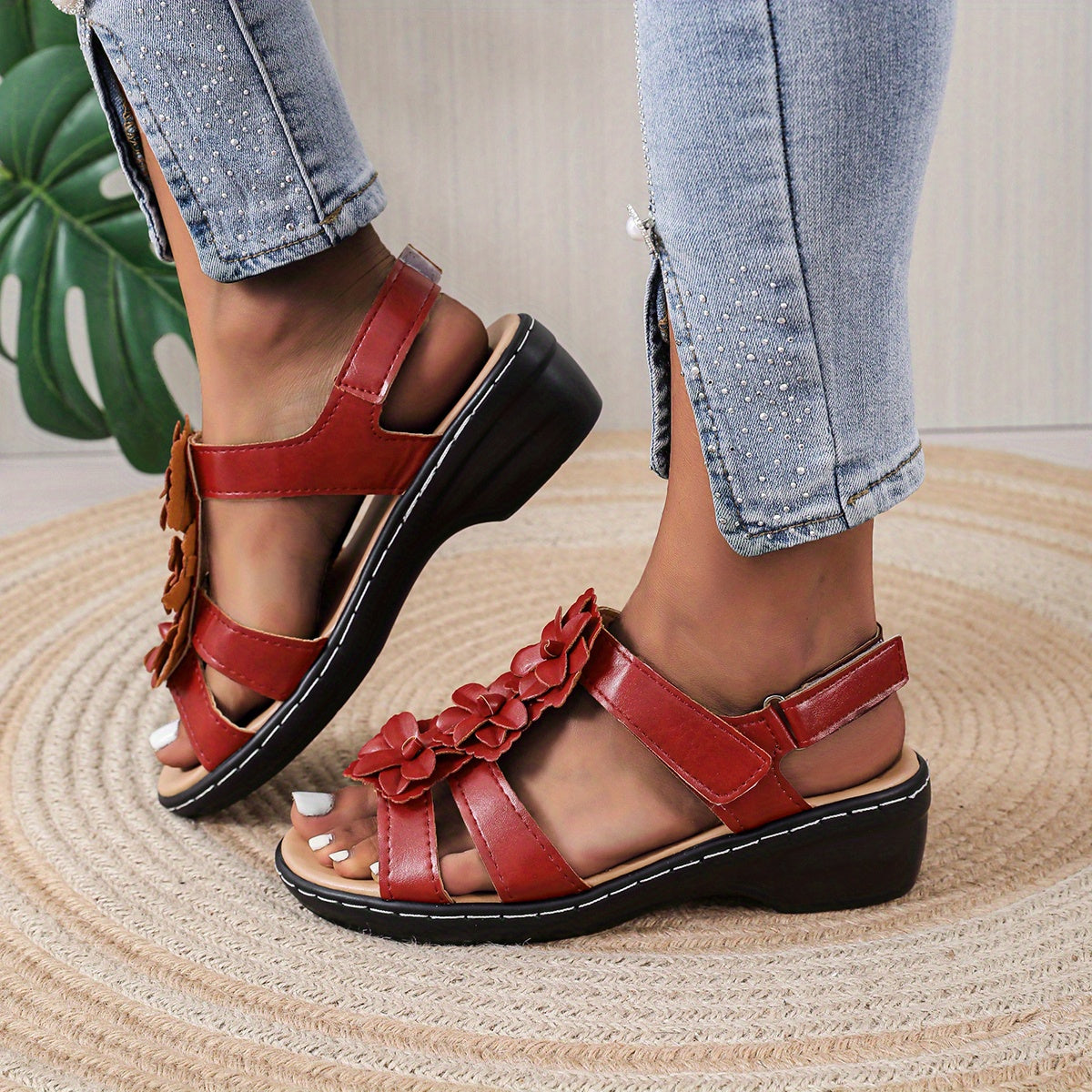 Women's Flower Decor T-Strap Sandals