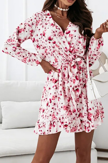 Fashion Elegant Floral Flounce With Belt V Neck A Line Dresses