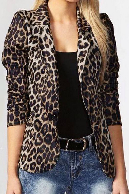 Casual Leopard Split Joint Turndown Collar Outerwear(3 colors)
