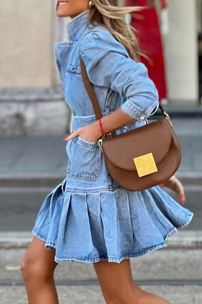 Casual Street Solid Pocket Turndown Collar Long Sleeve High Waist Regular Denim Dresses