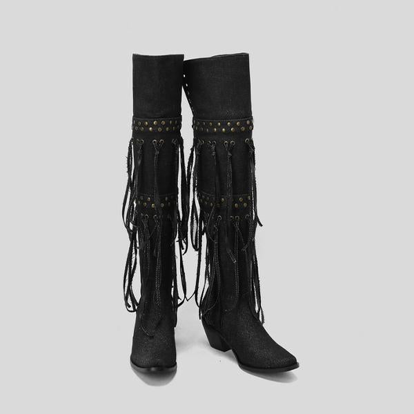 Women's Fashion Stud Tassel Chunky Heel Over-the-Knee Boots 25590507S