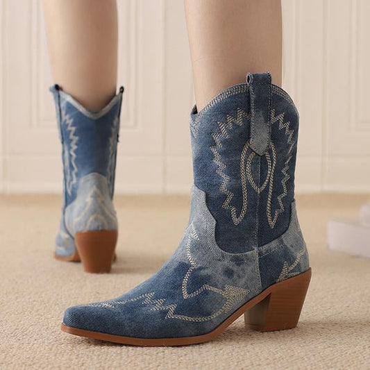 Women's Fashion Denim Embroidered Chunky Heel Booties 38966593S