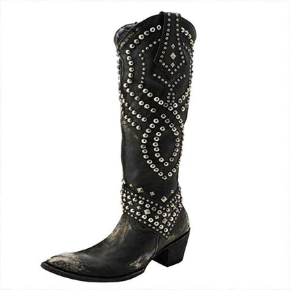 Women's Metal Stud Chunky Heel High Boots 49465289C