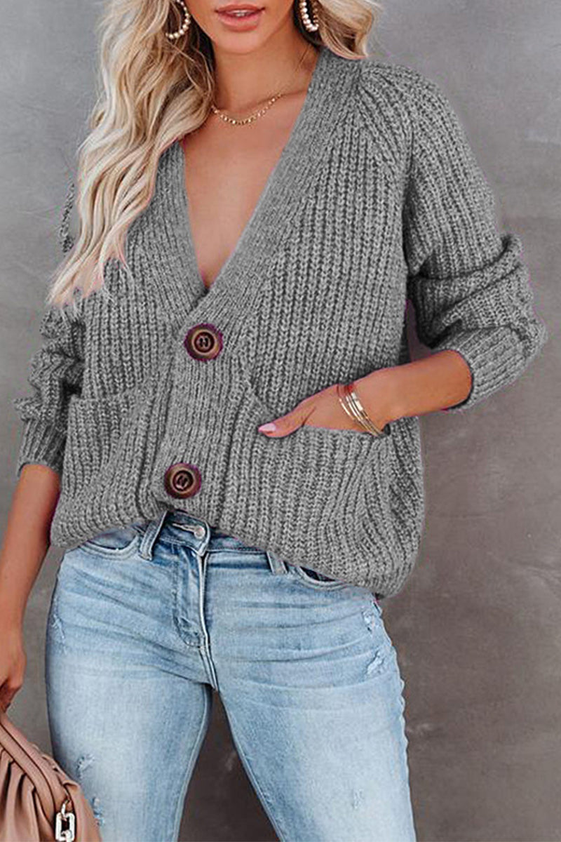 Casual Solid Pocket Buttons V Neck Tops