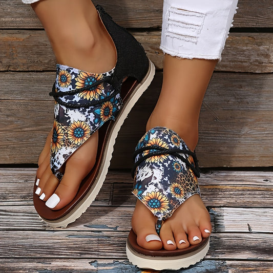 Women's Sunflower Printed Flat Sandals