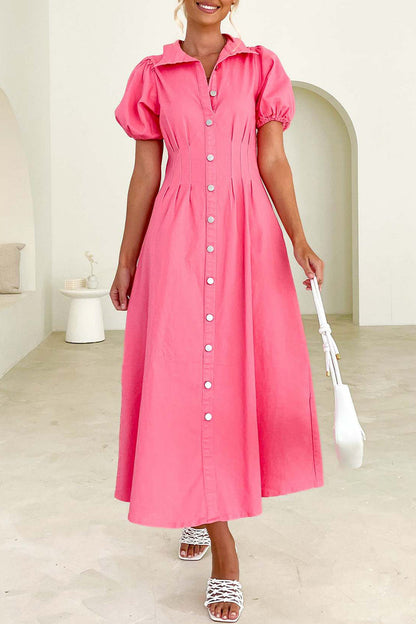 Casual Solid Buckle Turndown Collar A Line Dresses