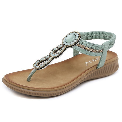 Boho Style Rhinestone T-Strap Sandals for Women - Perfect for Beach Vacations