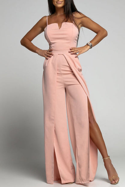 Celebrities Simplicity Solid Slit Solid Color Square Collar Regular Jumpsuits