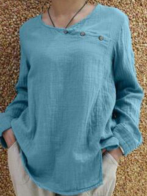 Women's Solid Color Round Neck Long Sleeved Casual Linen Top