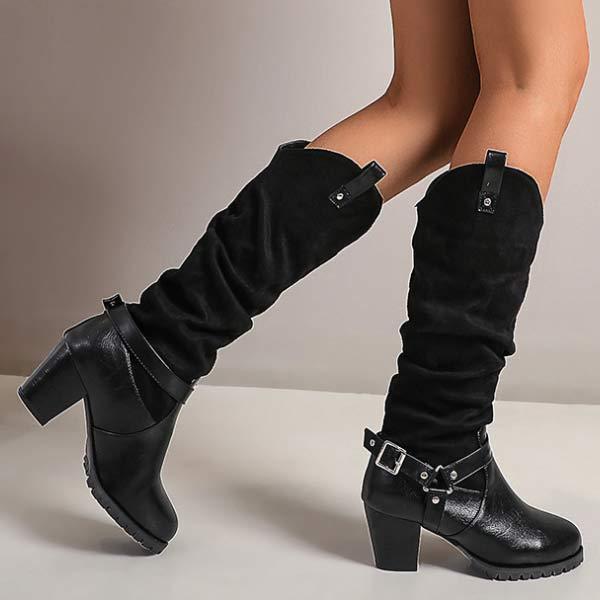 Women's Chunky Heel High Shaft Boots with Belt Buckle Detail 35596405C