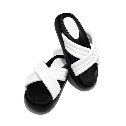 Satin Criss Cross Strap Platform Slippers