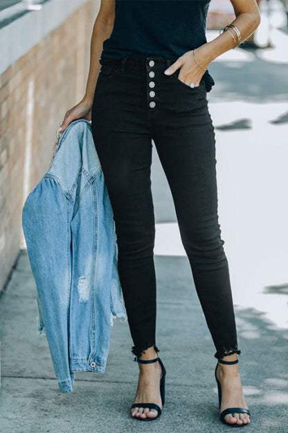Street Solid Buckle Skinny Denim Jeans