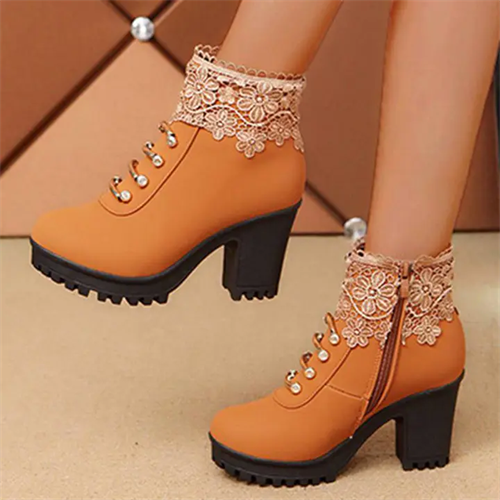 Women's Elegant Rhinestone Flower Lace Mid Heel Zipper Boots