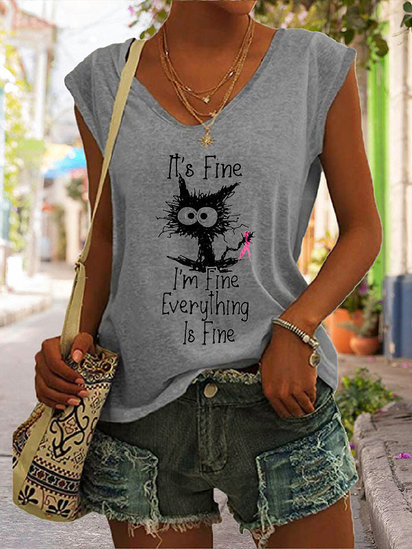 It's Fine I'm Fine Everything Is Fine Pink Ribbon Graphic Cap Sleeve T-Shirt