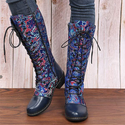 Women'S Ethnic Print Lace Up Side Zip Boots 96837984