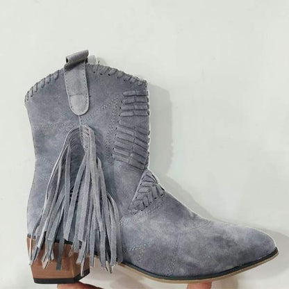 Women'S Chunky Heel Fringe Mid Boots 37321970C