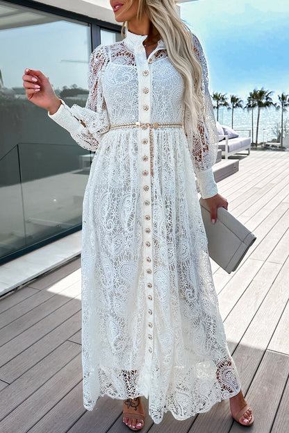 Celebrities Elegant Solid Hollowed Out Patchwork Turndown Collar Shirt Dress Dresses